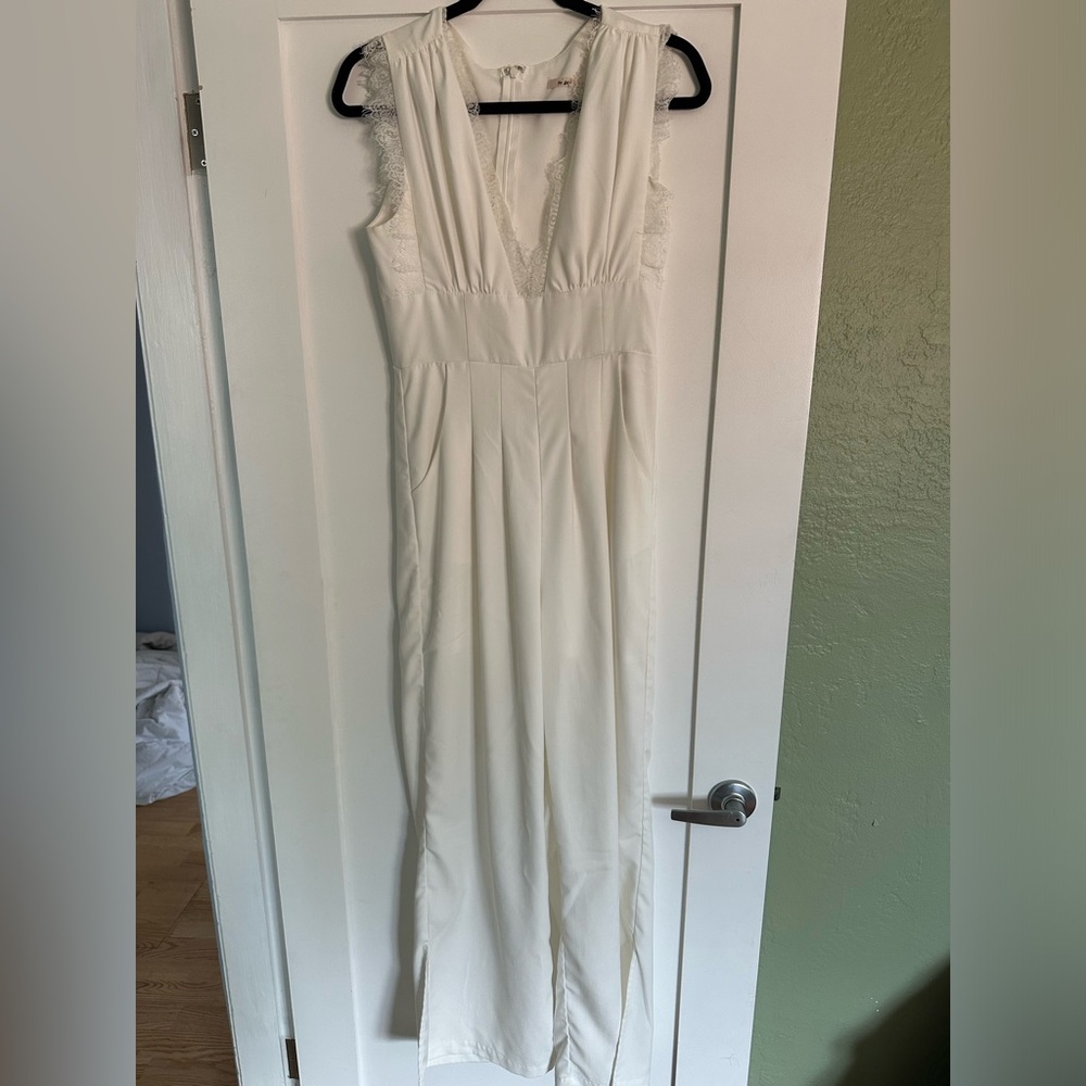 White jumpsuit from Francesca’s. Great for formal events or bride-to-be.